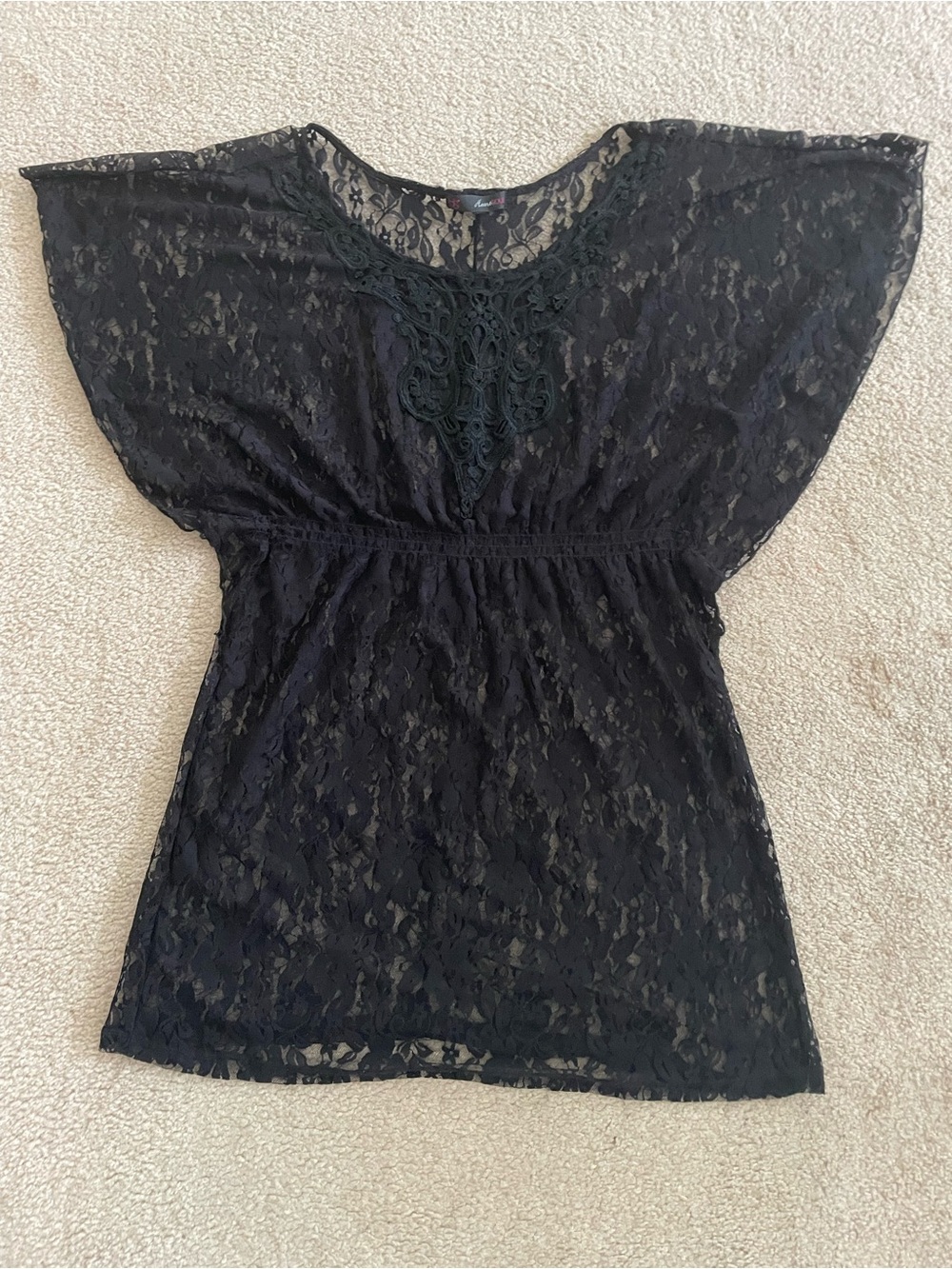 HeartSoul Black Sheer Lace Mini dress or Tunic Top Batwing Boho Festival Goth L